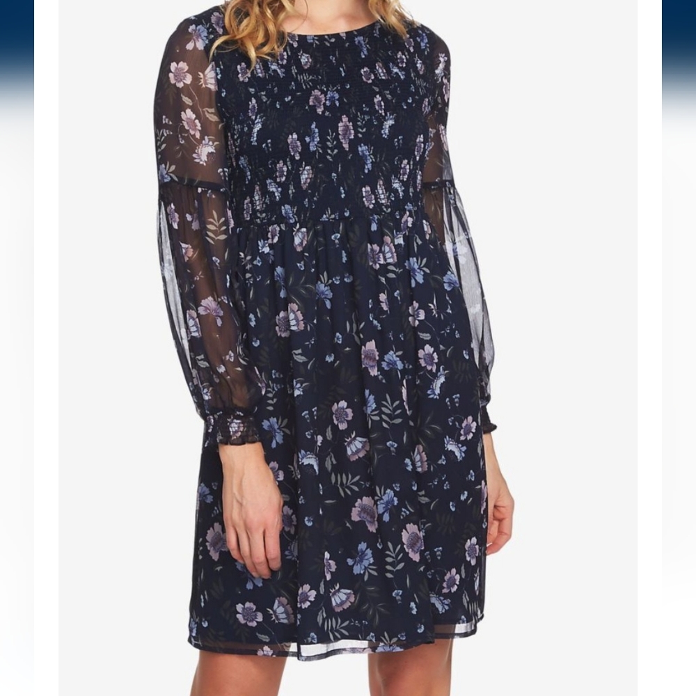 Cece Women's Navy Floral Cheer Long Sleeve Fit-Flare Dress